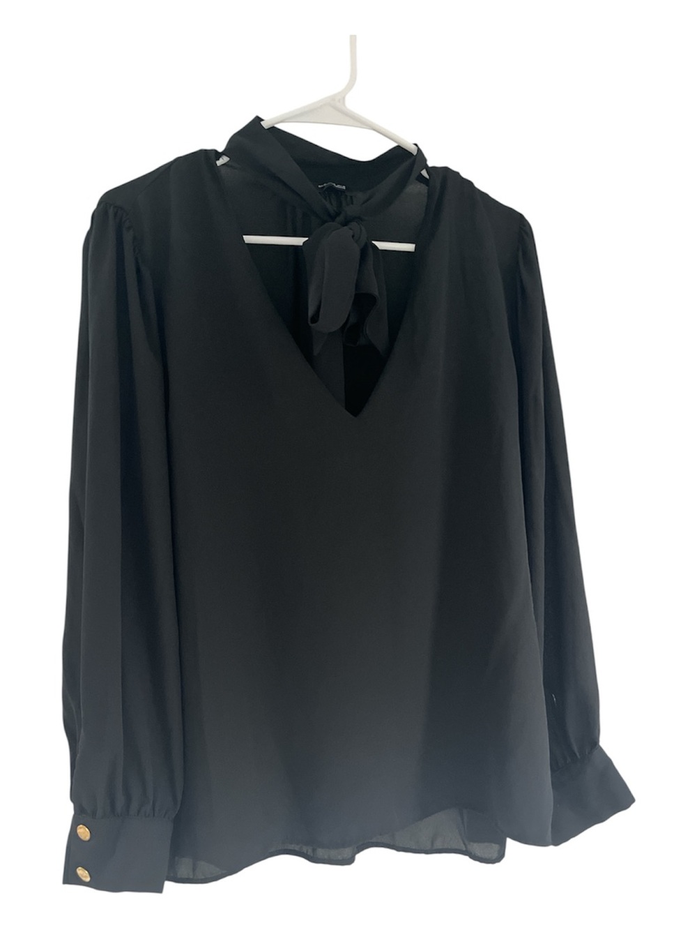 Zara Black Chiffon V-Neck Bow Neck Blouse with Gold Button Detail XL